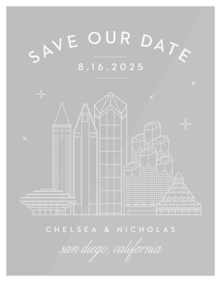 Our beautifully illustrated San Diego Skyline Clear Save-the-Date Cards help you share your wedding date with the breathtaking beauty of the big city’s lights.