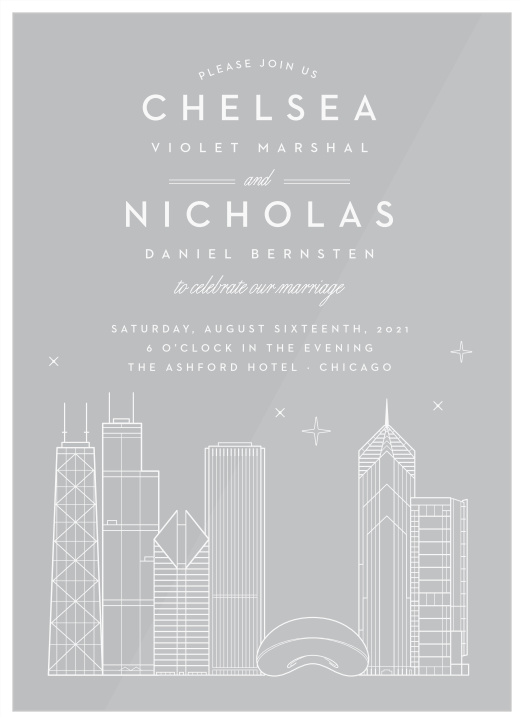 Our beautifully illustrated Chicago Skyline Clear Wedding Invitations help you share your wedding-day details with the breathtaking beauty of the big city’s lights.