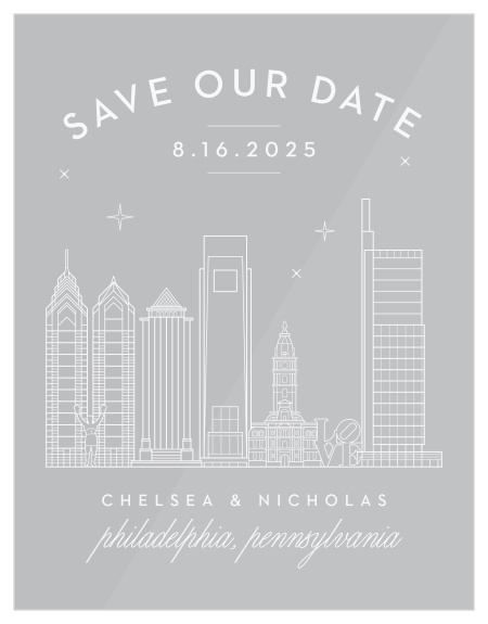 Our beautifully illustrated Philly Skyline Clear Save-the-Date Cards help you share your wedding date with the breathtaking beauty of the big city’s lights.