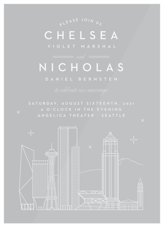 Our beautifully illustrated Seattle Skyline Clear Wedding Invitations help you share your wedding-day details with the breathtaking beauty of the big city’s lights.