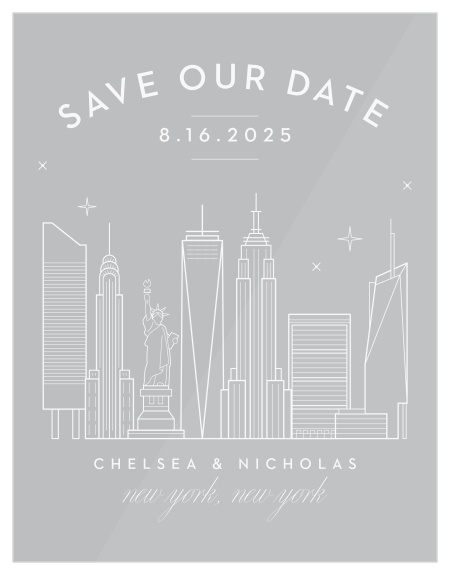 Our beautifully illustrated NYC Skyline Clear Save-the-Date Cards help you share your wedding date with the breathtaking beauty of the big city’s lights.
