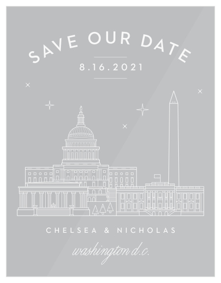 Our beautifully illustrated Washington D.C. Skyline Clear Save-the-Date Cards help you share your wedding date with the breathtaking beauty of the big city’s lights.
