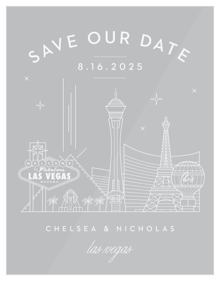 Inform your family and friends of your upcoming big day with the brightly lit cityscape look of our Las Vegas Skyline Clear Save-the-Date Cards.