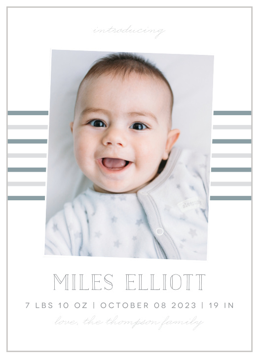 Inform your closest friends and family that you have a new bundle of joy with the charming look of our Ombre Stripe Birth Announcements.
