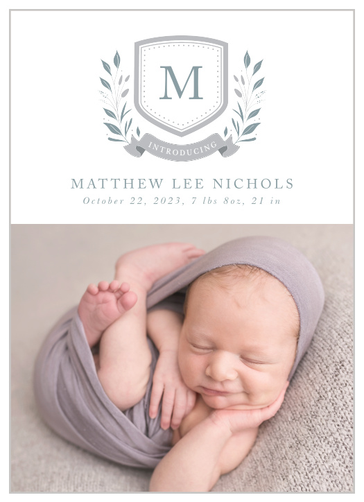 Share your joy with all your friends and loved ones with the Foliage Monogram Birth Announcement.