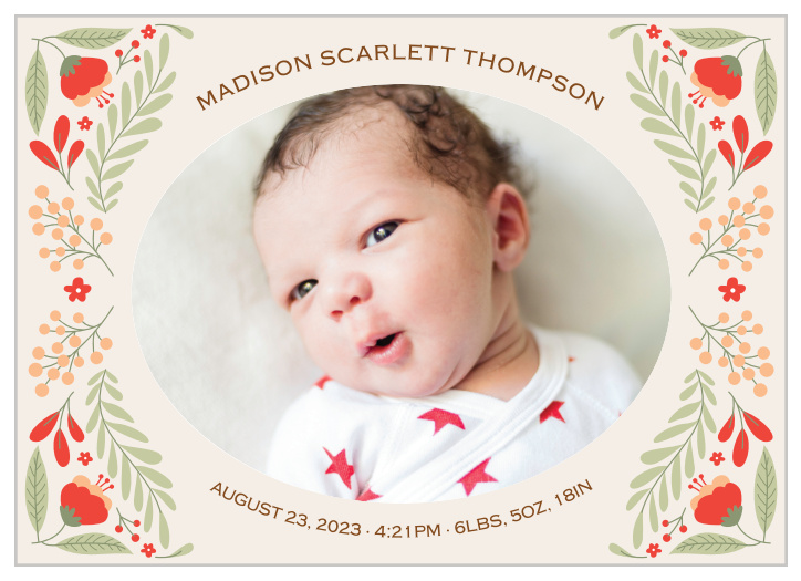 Share your joy with all your friends and loved ones with the Blossoming Border Birth Announcement.