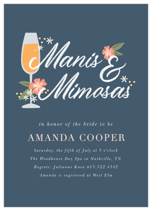 Choose our Mimosas and Manis Bridal Shower Invitations for your pre-wedding festivities!
