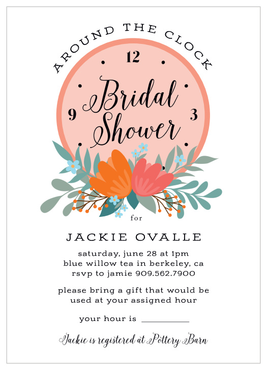 Surround yourself with close friends and family for some pre-wedding fun with the chic look of our Floral Clock Bridal Shower Invitations.