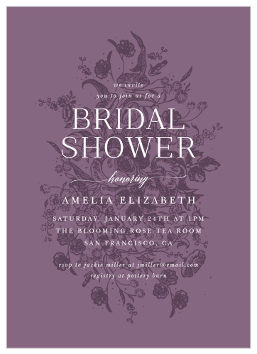 This design features an intricate floral illustration. Beautiful elegant text announces the details of your day honoring the guest of honor and ads a beautiful finishing touch.