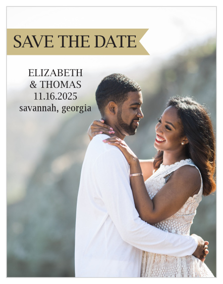 The Glamorous Confetti Save the Date Card shows off that happy couple with a beautiful photo background.
