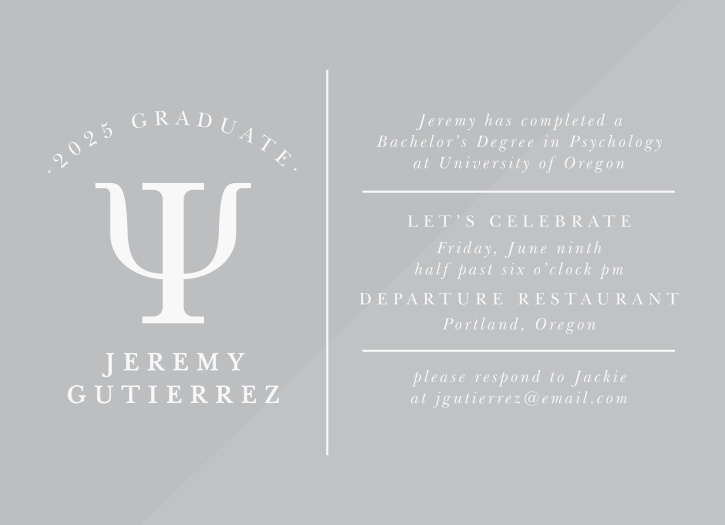 Celebrate your grad's pivotal accomplishment with their closest friends and family when you utilize the chic look of our Psychology Grad Clear Graduation Invitations.