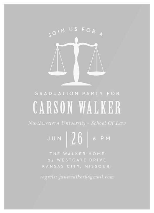 Gather your closest friends and family together to celebrate your pivotal accomplishment with the sleek look of our Law School Clear Graduation Invitations.