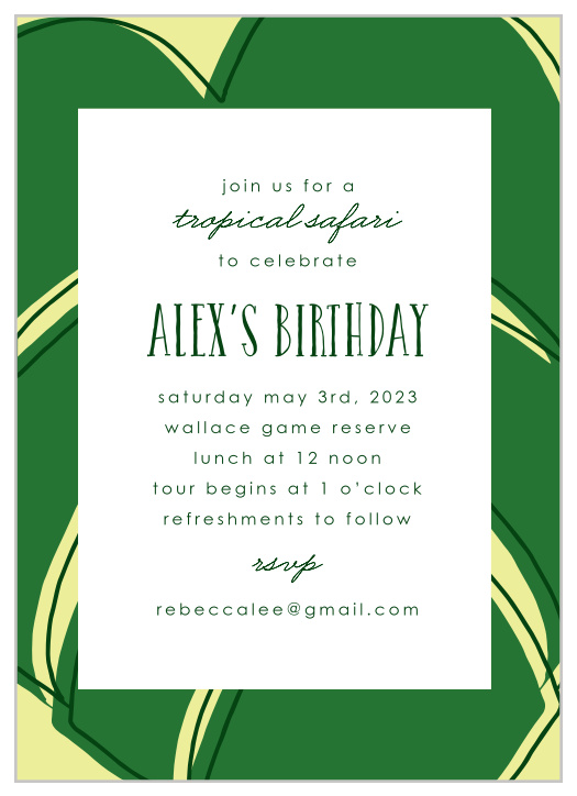 Invite your friends and family to your very own jungle safari party with our Jungle Leaf Children's Birthday Party Invitations!