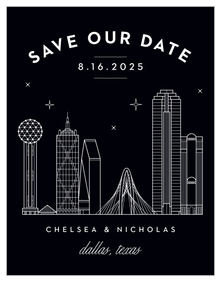 Give an unforgettable reminder with the Dallas Skyline Save-the-Date Magnets!