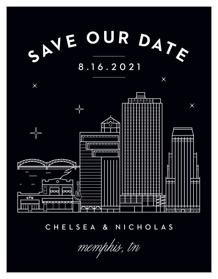 Ensure that your loved ones' calendars have your wedding date marked in their calendar with our Memphis Skyline Save-the-Date Cards.