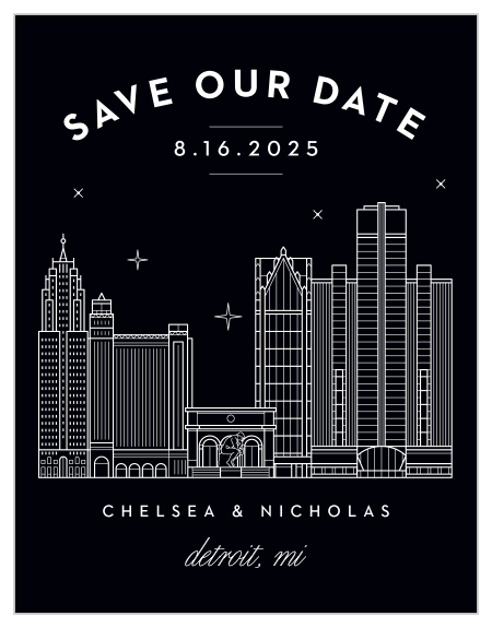 Give an unforgettable reminder with the Detroit Skyline Save-the-Date Magnets!