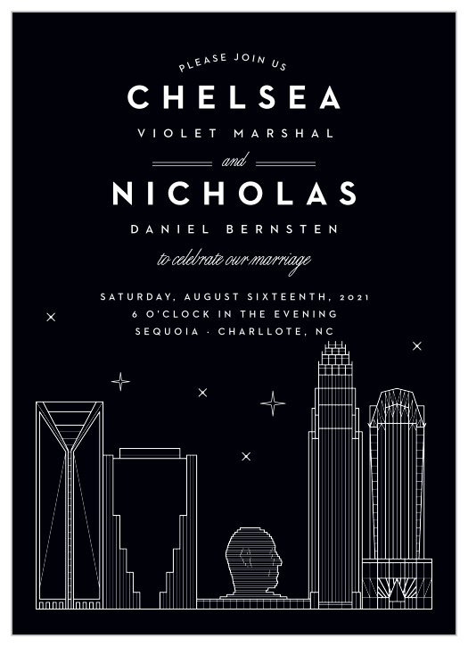 Our Charlotte Skyline Wedding Invitations are the perfect way to share your wedding details with the breathtaking beauty of big city lights.