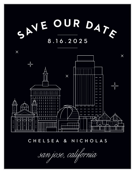 Our San Jose Skyline Save the Date Magnets are the perfect way to share your wedding date with the breathtaking beauty of big city lights.