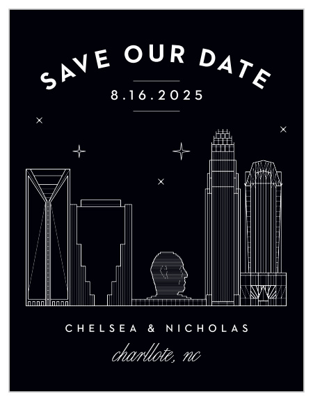 Our Charlotte Skyline Save the Date Magnets are the perfect way to share your wedding date with the breathtaking beauty of big city lights.
