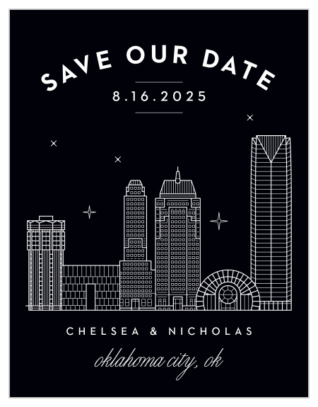 Give an unforgettable reminder with the Oklahoma City Skyline Save-the-Date Magnets!