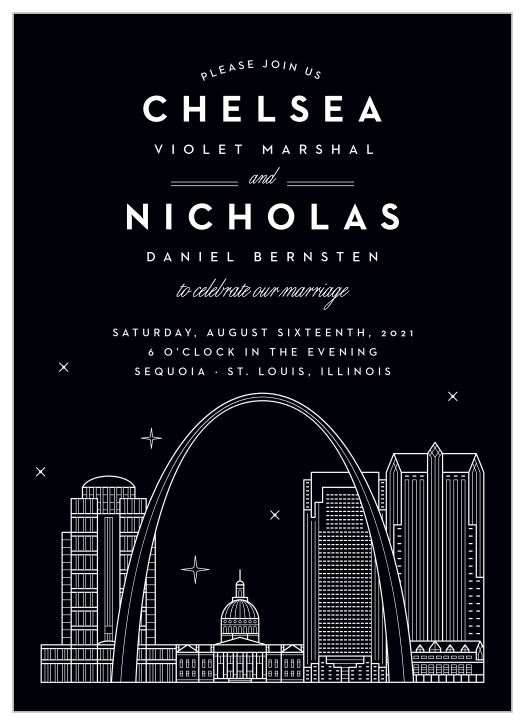 Our St. Louis Skyline Wedding Invitations are perfect for laying out all of your wedding day details in a high-contrast design.