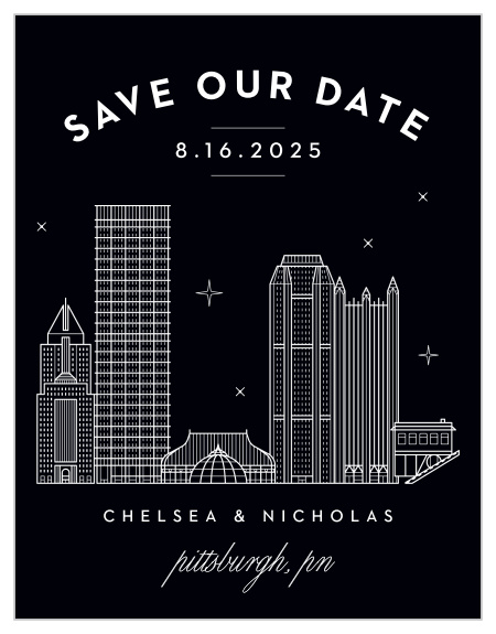 Give an unforgettable reminder with the Pittsburgh Skyline Wedding Save the Date Card.