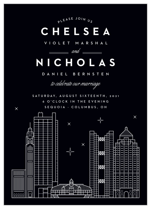 Our Columbus Skyline Wedding Invitations are perfect for laying out all of your wedding day details in a high-contrast design.