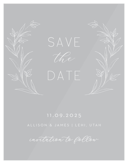 Save the date is boldly stated and framed by elegant florals at the top of our Redwood Forest Clear Save-the-Date Cards.