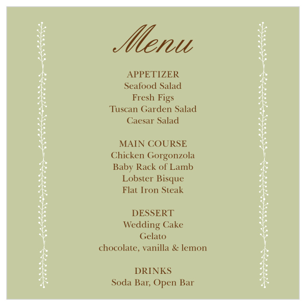 Impress your guests with your wedding day menus. As with all of our products you are able to customize the colors in order to match your wedding scheme exactly!