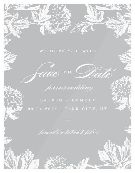 Your loved ones will be anxiously awaiting your big day when they receive our Hydrangea Frame Clear Save-the-Date Cards!