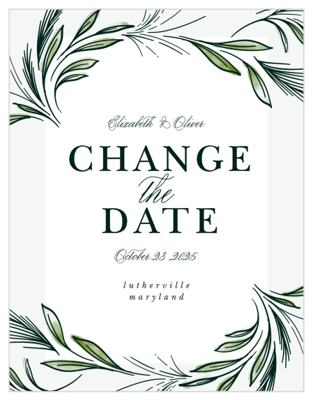 Our Spring Foliage Change the Date Cards are perfect for letting your family and friends know you are postponing your wedding due to unforeseen circumstances.
