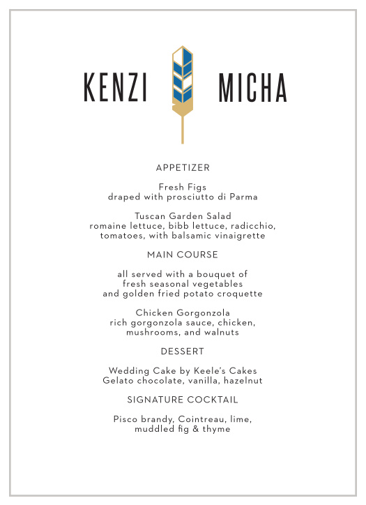 Our Colorful Feather Wedding Menus inform family and friends what mouthwatering foods will be served at your wedding reception.