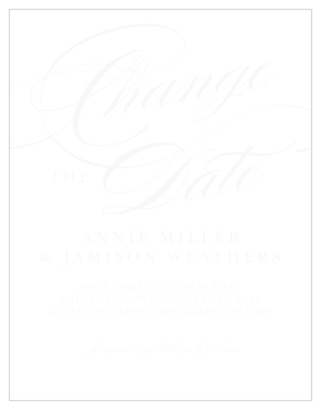 Our Simplicity Swirls Clear Change the Date Cards make it easier to let your family and friends know that you are postponing your wedding due to unforeseen circumstances. 