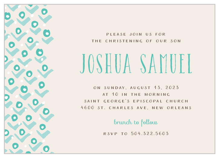 A stylized pattern of rosebuds cascades down the left-hand side of the Blushing Buds Boy Christening Invitations.