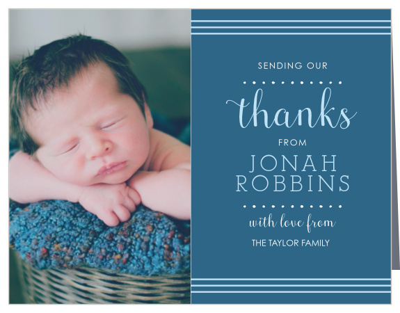 Thank all the friends and family who celebrated your child’s christening with the Polka Dot Border Boy Christening Thank You Cards.