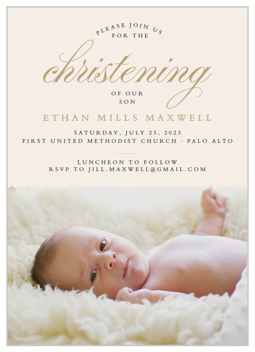 Elegant typefaces and a scallop border make the Scallops and Script Boy Christening Invitations an elegant way to gather friends and family for your child’s christening.