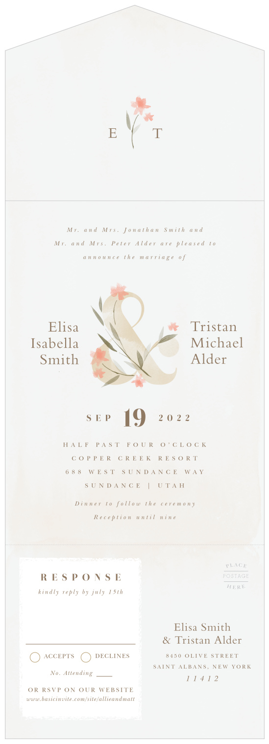Our Watercolor Ampersand Seal & Send Wedding Invitations are the perfect combination of wedding invitations, rsvp cards, and envelopes in one!