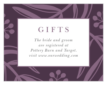 Share your wedding information exotic, regal fashion with our Stamped Foliage Registry Cards.