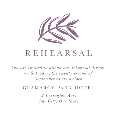 Share your wedding information exotic, regal fashion with our Stamped Foliage Rehearsal Cards.