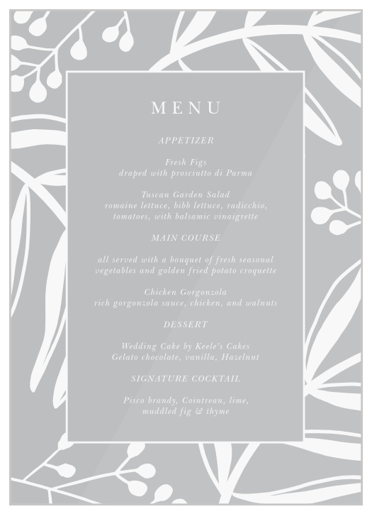 Share your wedding information exotic, regal fashion with our Stamped Foliage Clear Wedding Menus.