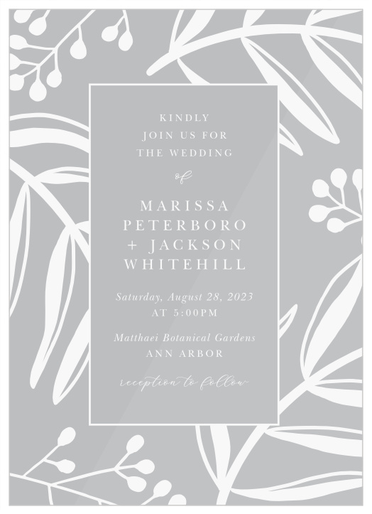 Share your wedding information exotic, regal fashion with our Stamped Foliage Clear Wedding Invitations.
