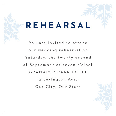Share your wedding information in wintery wonder with our Stunning Snowflakes Rehearsal Cards.