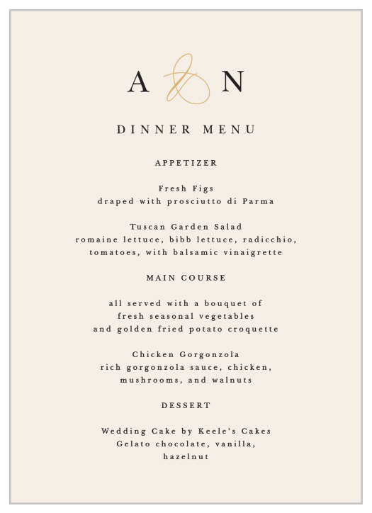Describe each delicious dish that will be served to family and friends at your reception with our Modern Monogram Wedding Menus.