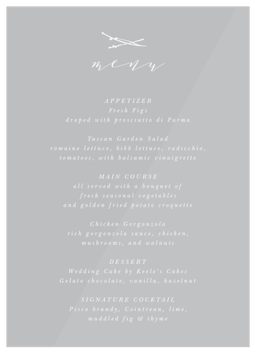 Inform family and friends of every delicious food that will be served at your reception with the rustic look our Sweet Grass Clear Wedding Menus. 