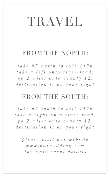 Toss our Bold Bordering Direction Cards into your wedding suite to help in ensuring your guests' safe travel to your event's destination!