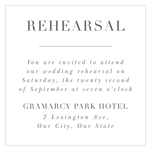 Invite your guests to attend some pre-wedding celebrations and good food by customizing our Bold Bordering Rehearsal Cards to fit your wedding theme!