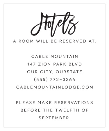 Recommend local hotels or inform loved ones where you have booked a block of rooms with our Textured Script Accommodation Cards.