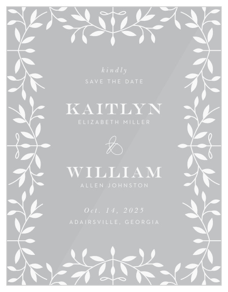 Share your wedding information in botanical splendor with our Laced in Laurels Clear Save the Date Cards.