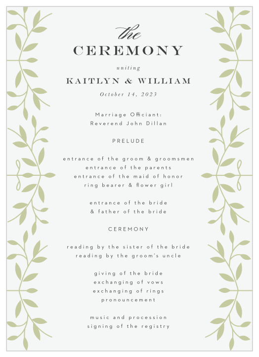 Share your wedding information in botanical splendor with our Laced in Laurels Wedding Menus.