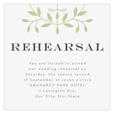 Share your wedding information in botanical splendor with our Laced in Laurels Rehearsal Cards.